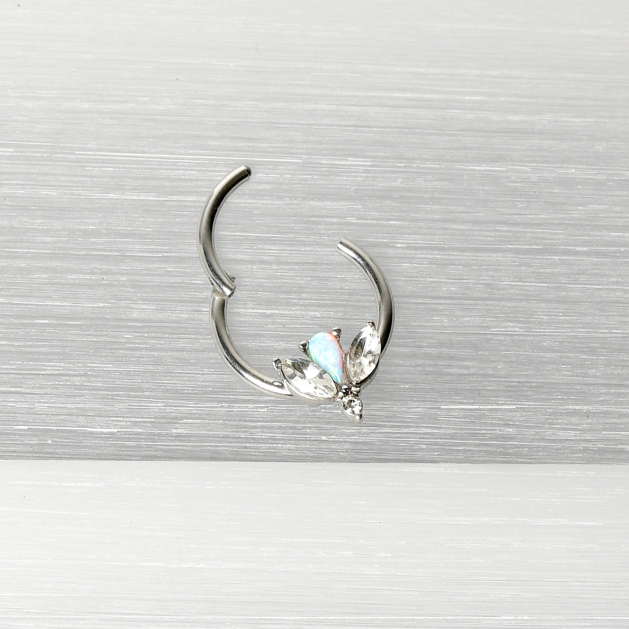 16G 3/8 White Faux Opal Style Flower Hinged Segment Ring