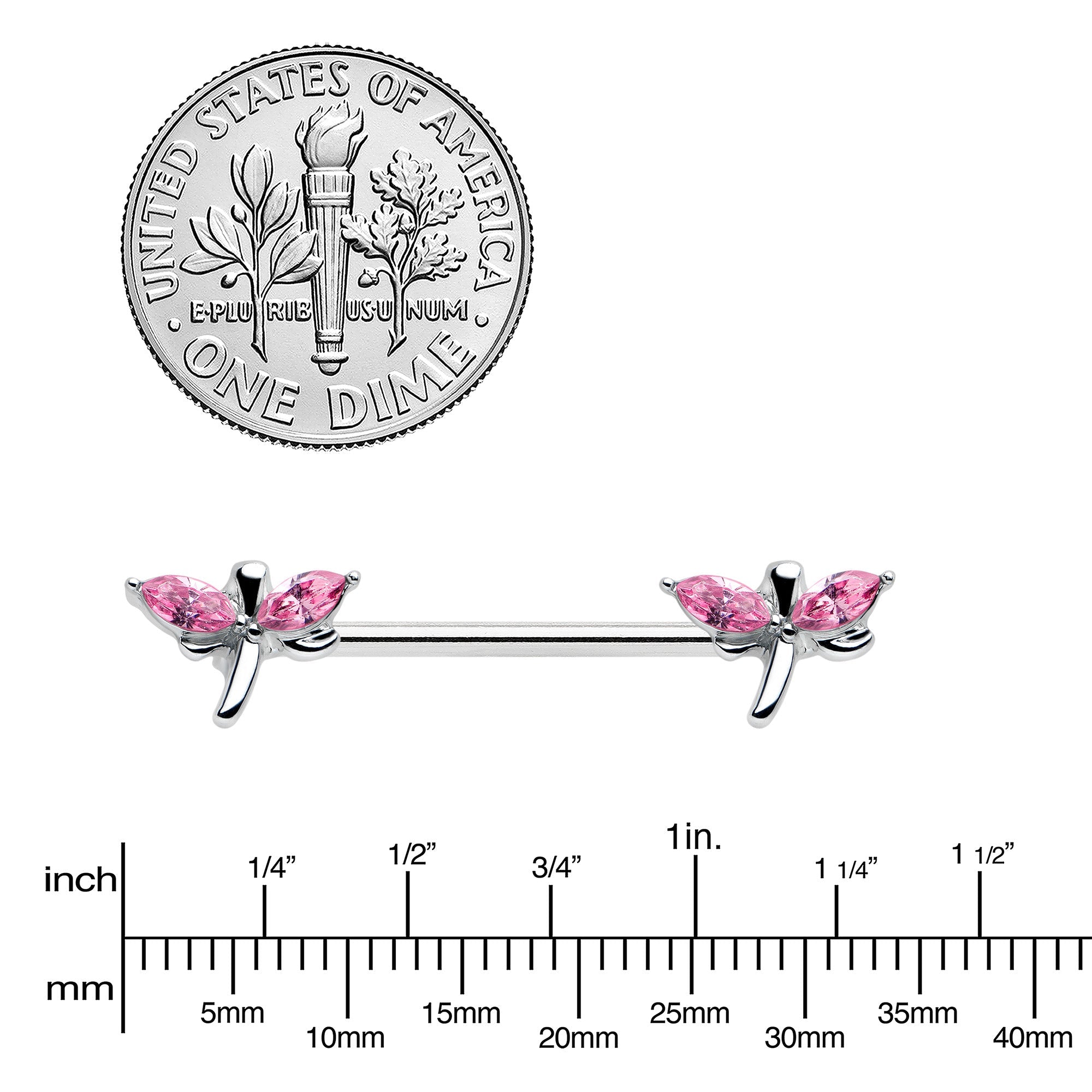 14G 5/8 Pink Gem Simple Styled Dragonfly Barbell Nipple Ring Set