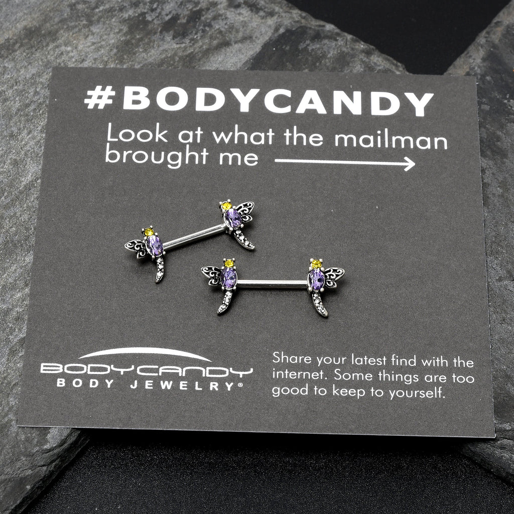 14G 9/16 Purple Yellow Gem Dragonfly Barbell Nipple Ring Set
