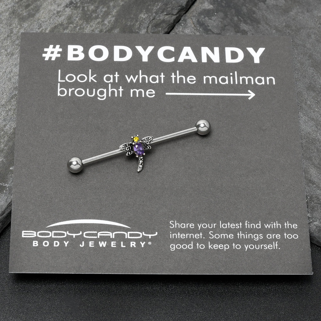 14G Purple Yellow Gem Dragonfly Industrial Barbell 38mm