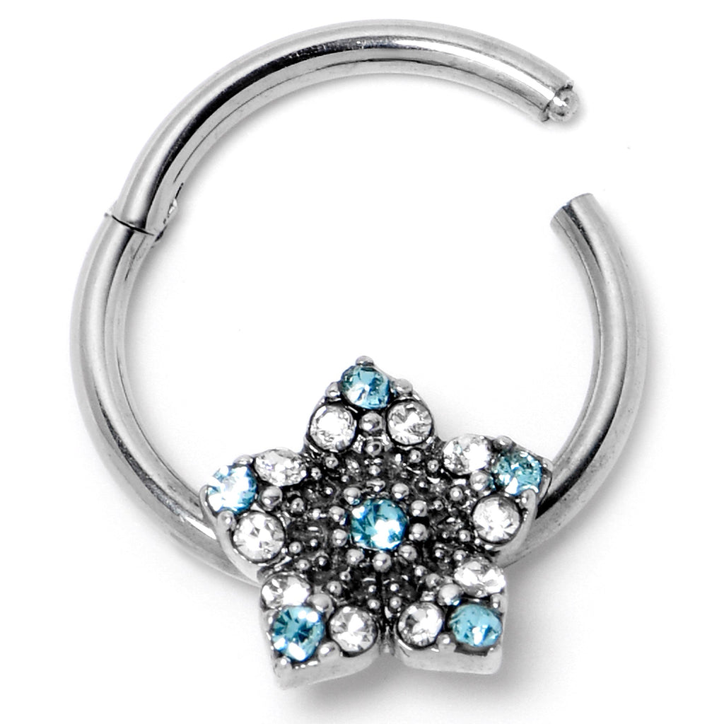 16G 3/8 Blue Clear Gem Opulent Flower Hinged Segment Ring
