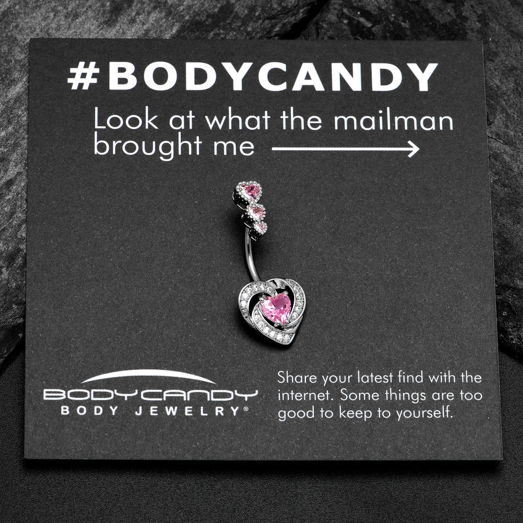 Pink CZ Gem Triple Drop Swirl Heart Valentine Double Mount Belly Ring