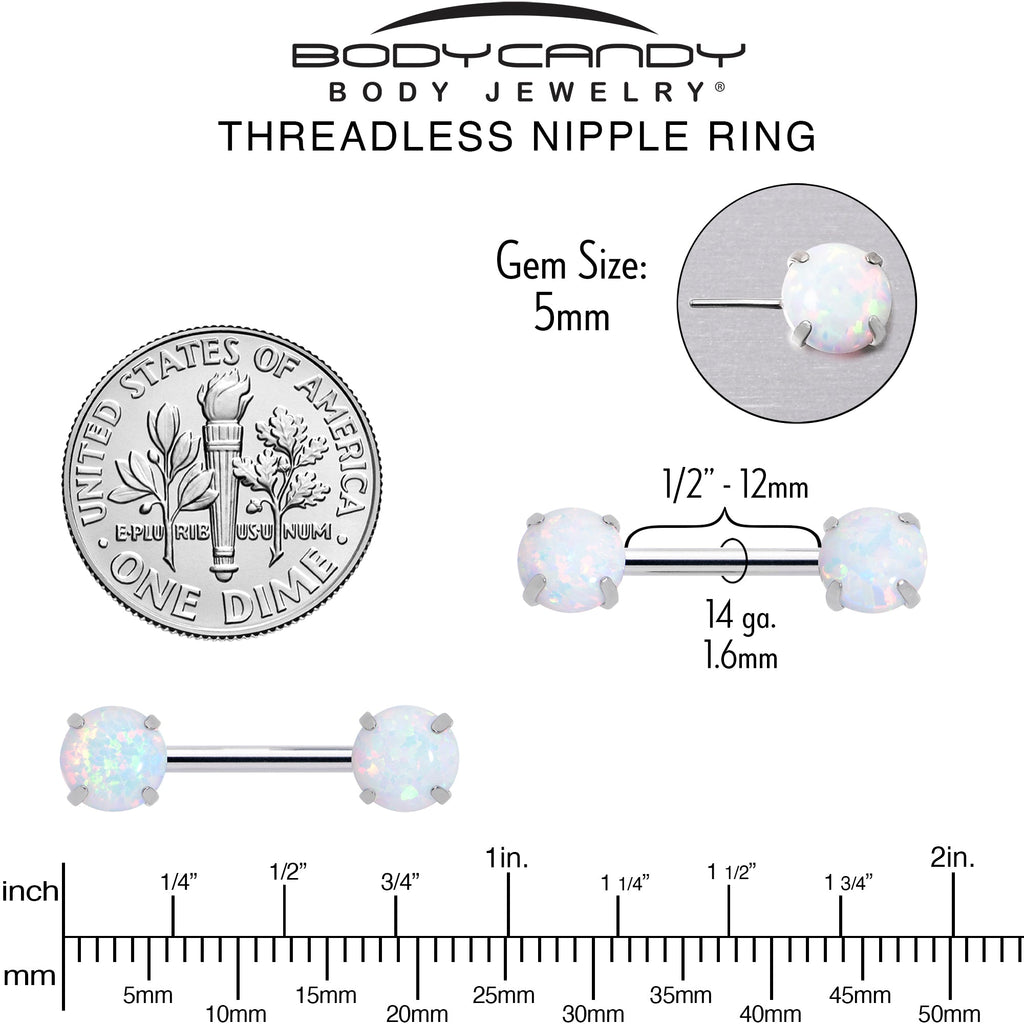 14G 1/2 White Synthetic Opal Threadless Barbell Nipple Ring Set
