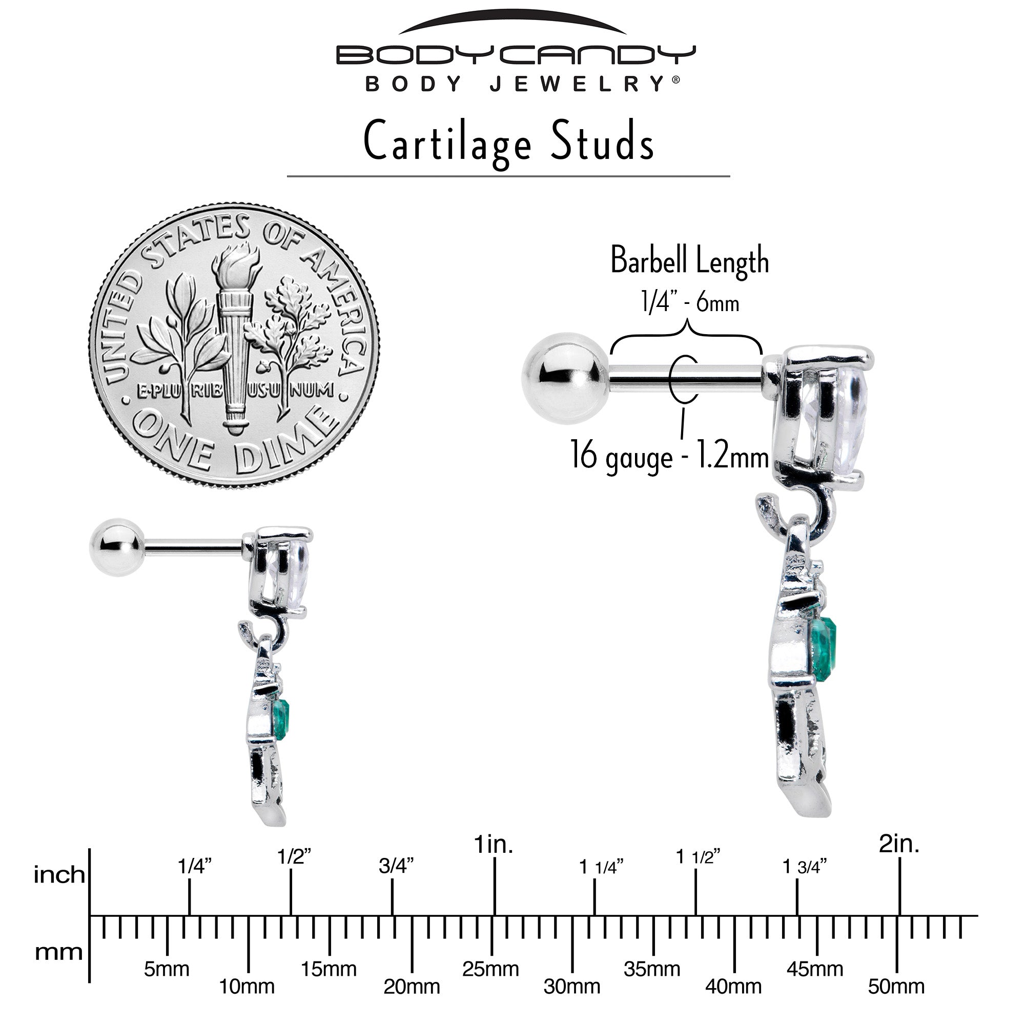 16G 1/4 Clear CZ Gem Heart And Rose Dangle Cartilage Earring