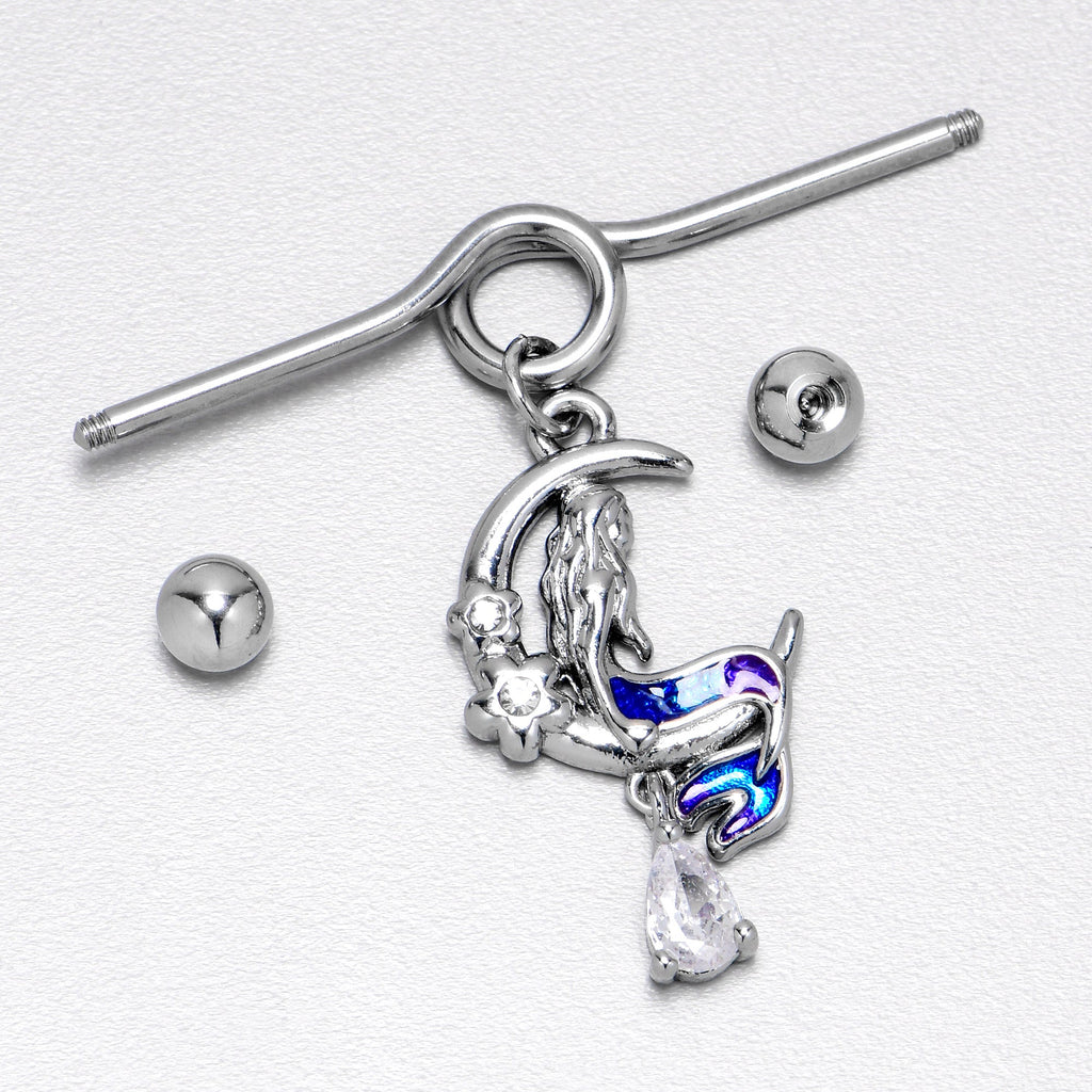 14G Clear Gem Floral Mermaid Moon Dangle Project Bar 38mm