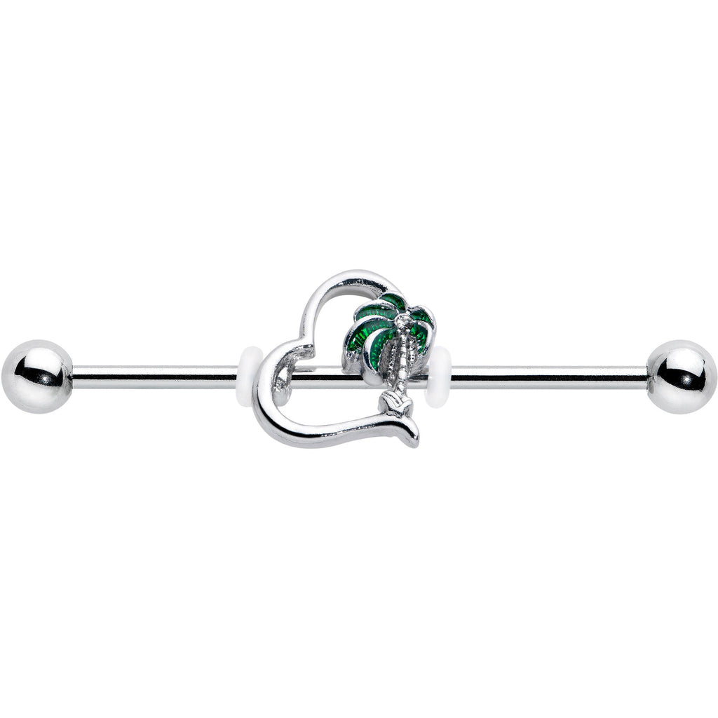 14G Clear Gem Palm Tree Love Heart Industrial Barbell 38mm