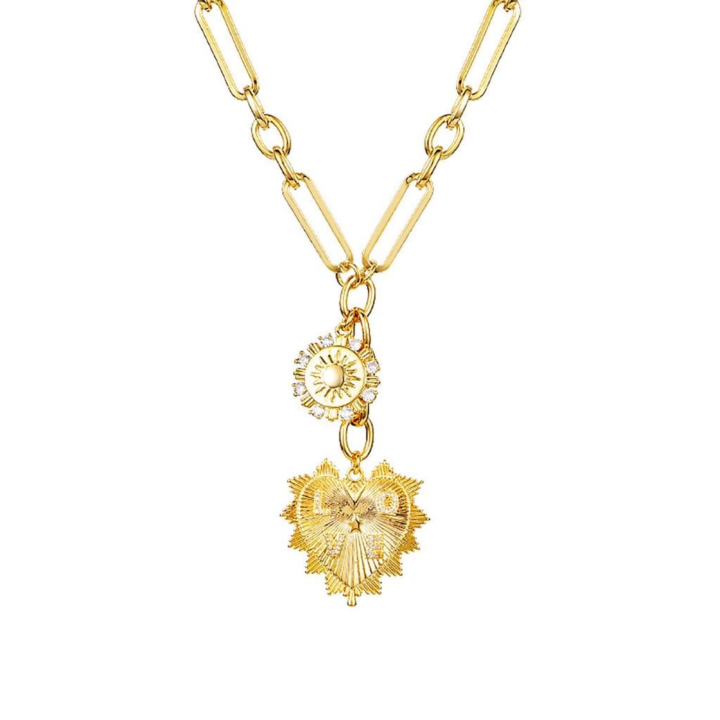 Sun Heart Charm Choker Necklace for Women Men18k Gold Plated With Zircons Inlaid PendantsThick Chunky Paperclip Chain Hip Hop Necklace Unisex JewelryCuban Link Chain for Women Trendy（Heart）