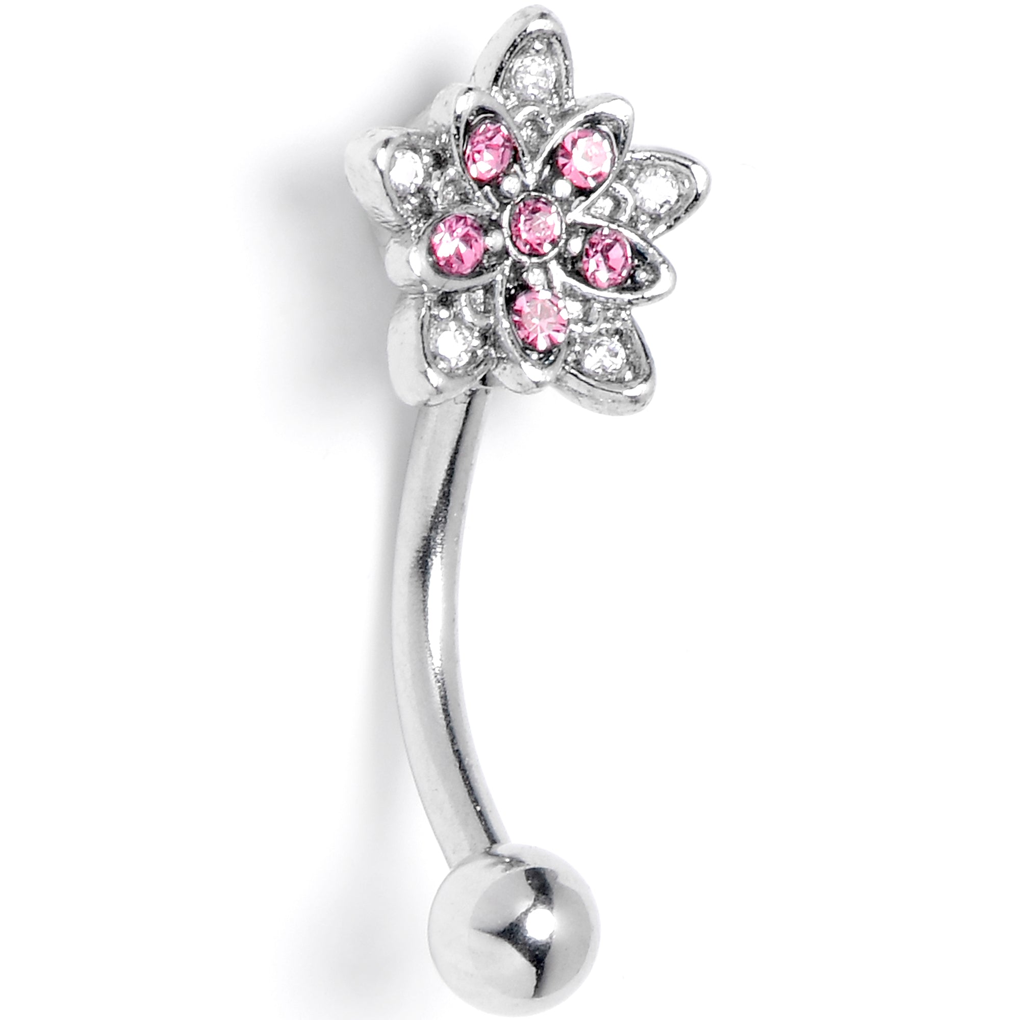 16G 5/16 Clear Pink CZ Gem Snowflake Flower Curved Eyebrow Ring