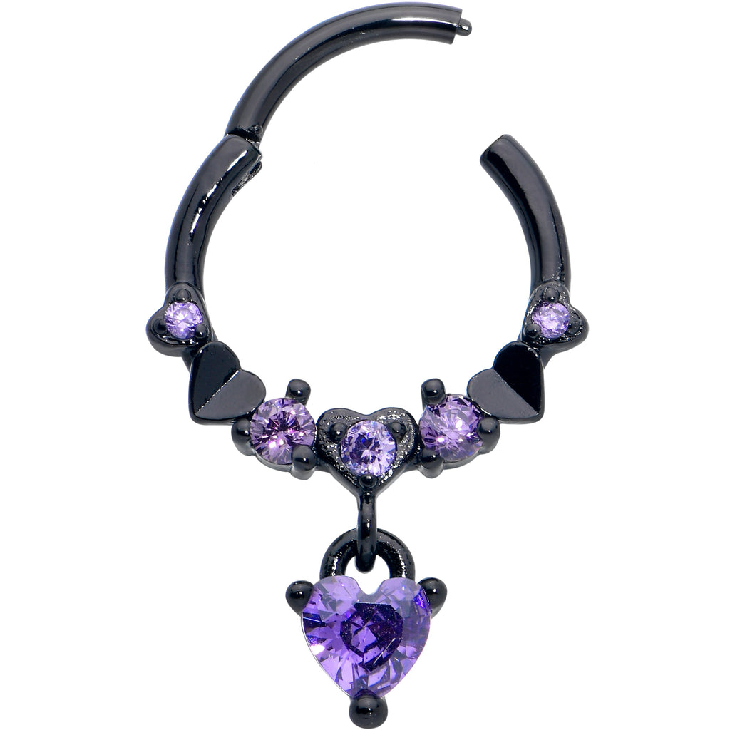 16G 3/8 Purple CZ Gem Black Love Heart Dangle Hinged Segment Ring