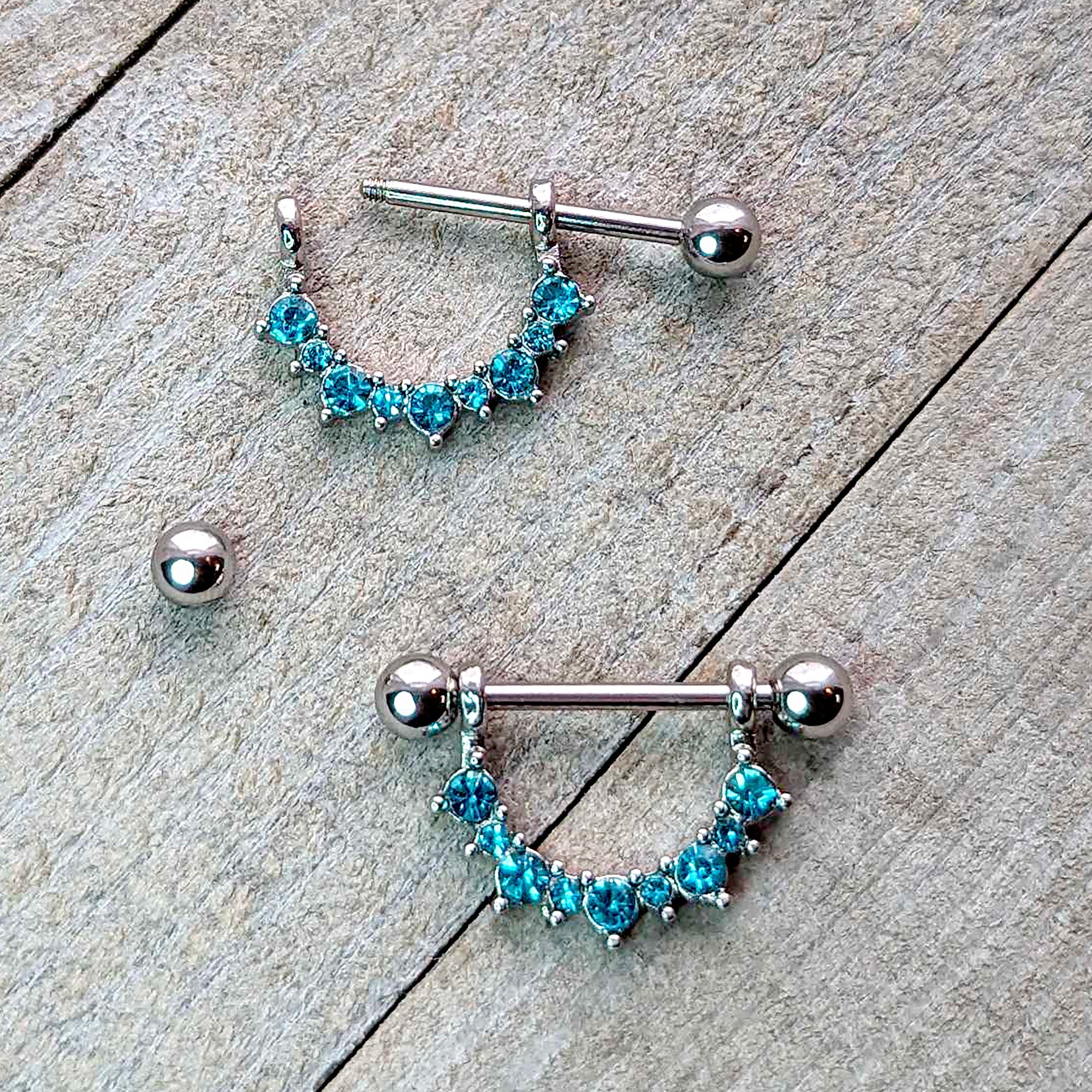 14G 9/16 Blue CZ Gem March Birthstone Dangle Nipple Shield Set