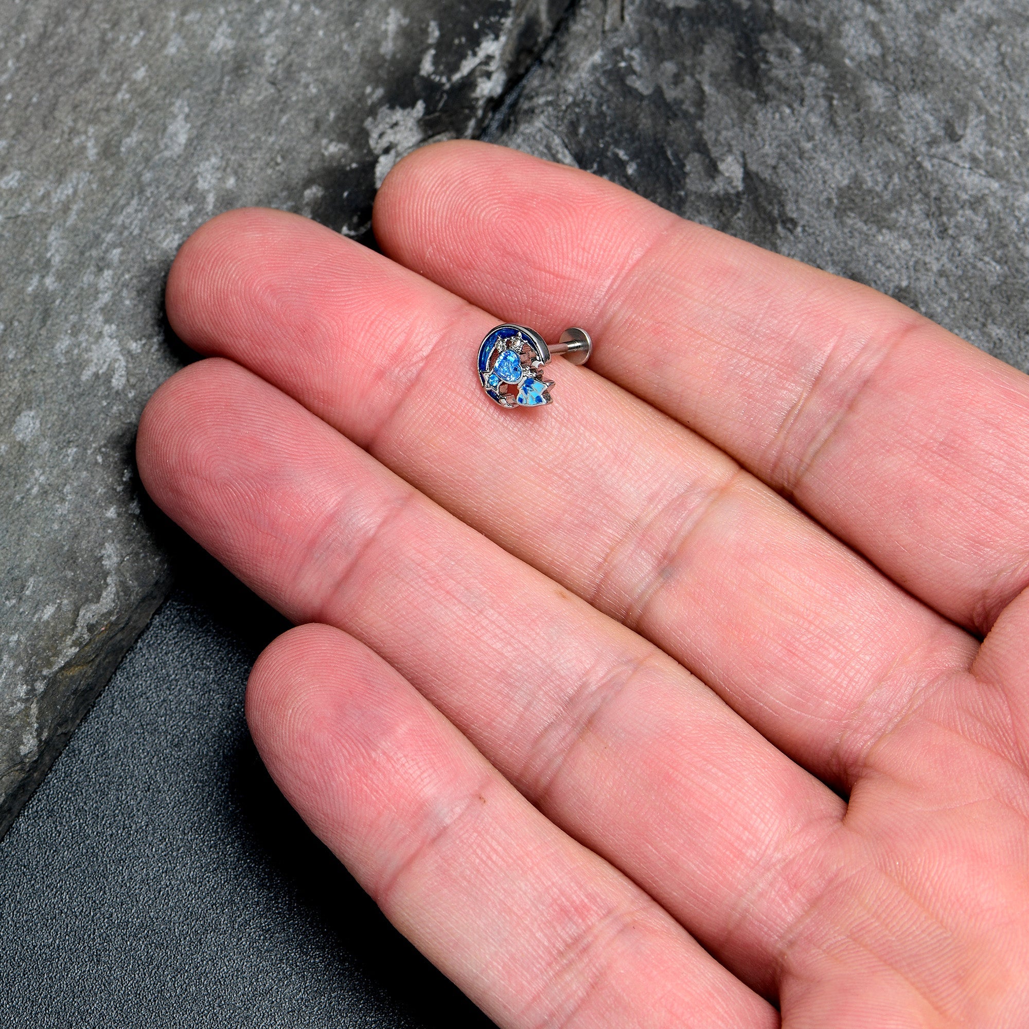 16G 5/16 Blue CZ Gem Butterfly Love Heart Labret Monroe Tragus