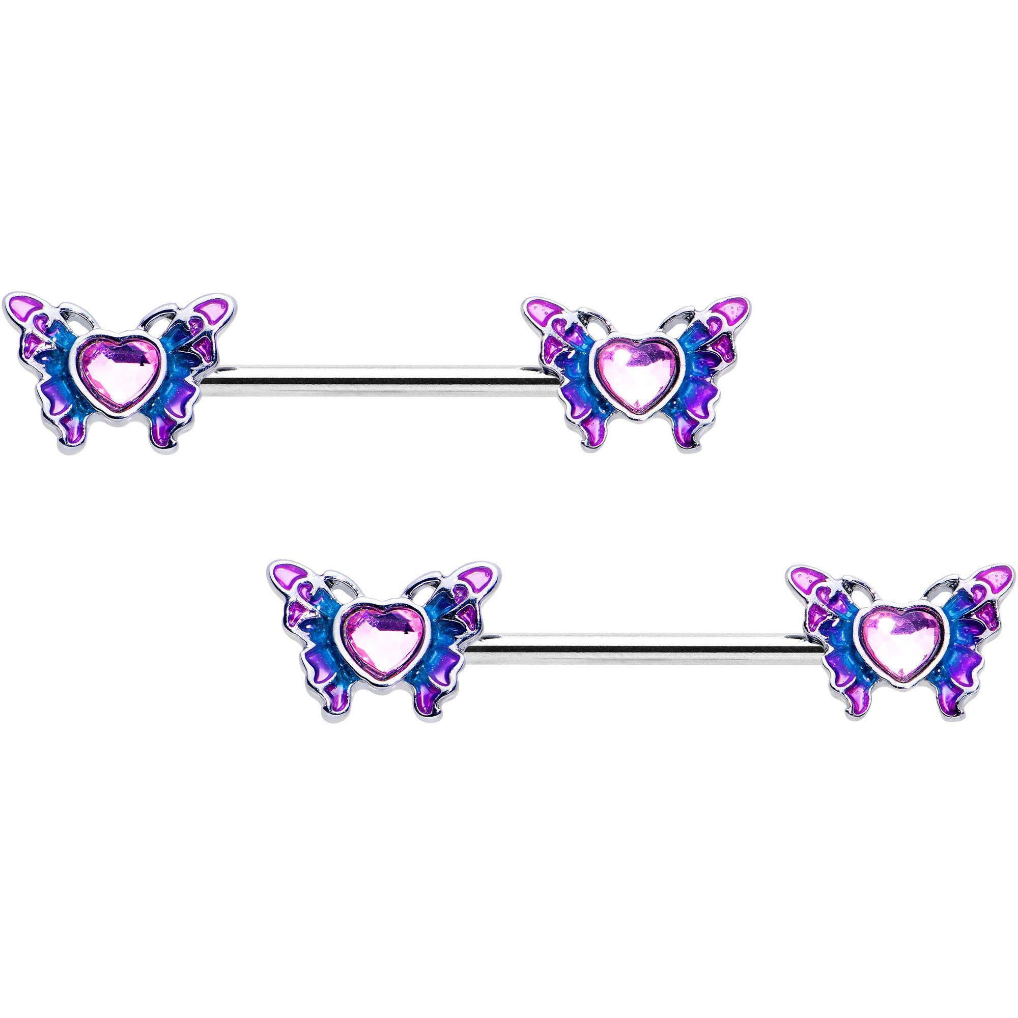 14G 9/16 Pink Gem Heart Butterfly Purple Barbell Nipple Ring Set