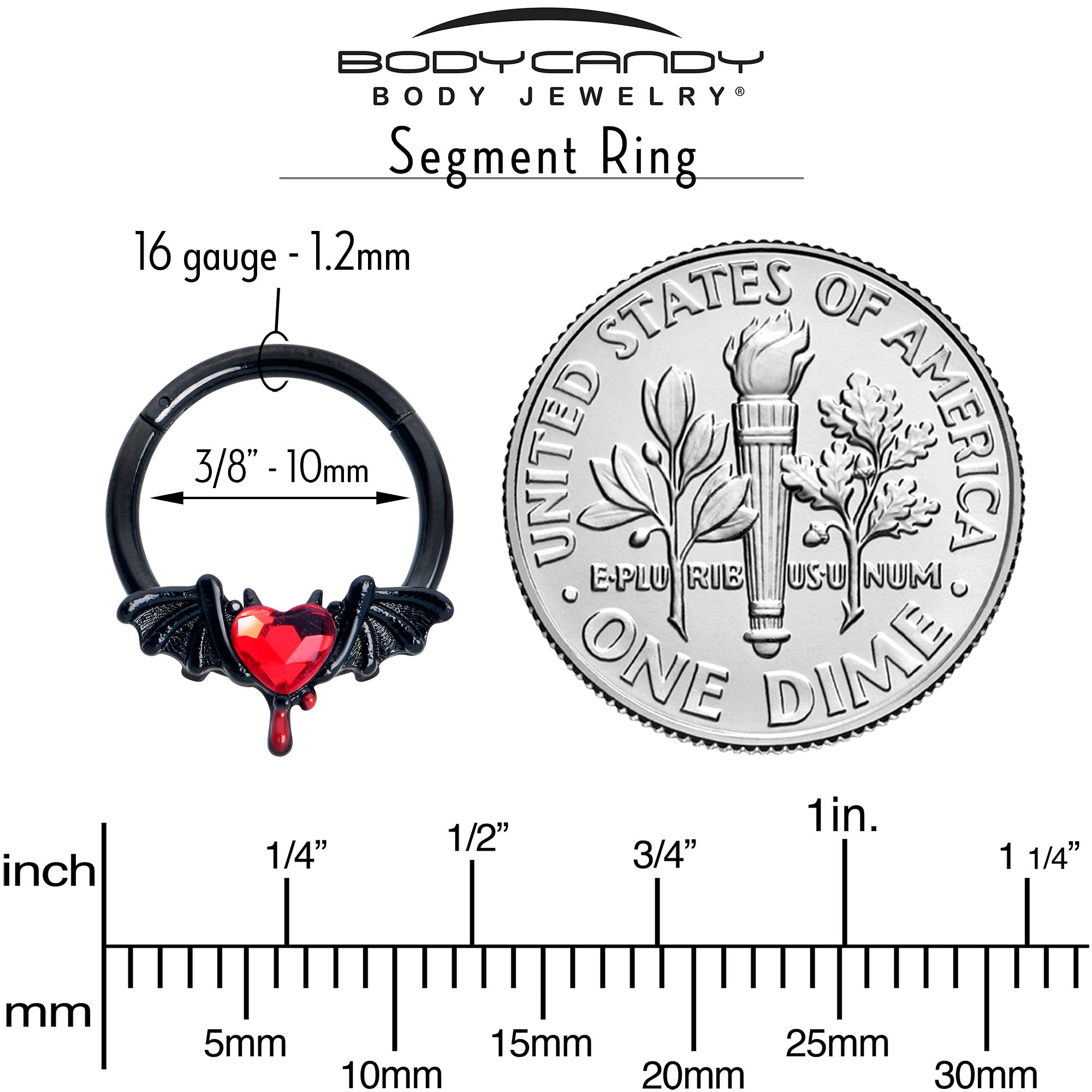 16G 3/8 Red Gem Black Bleeding Heart Bat Hinged Segment Ring