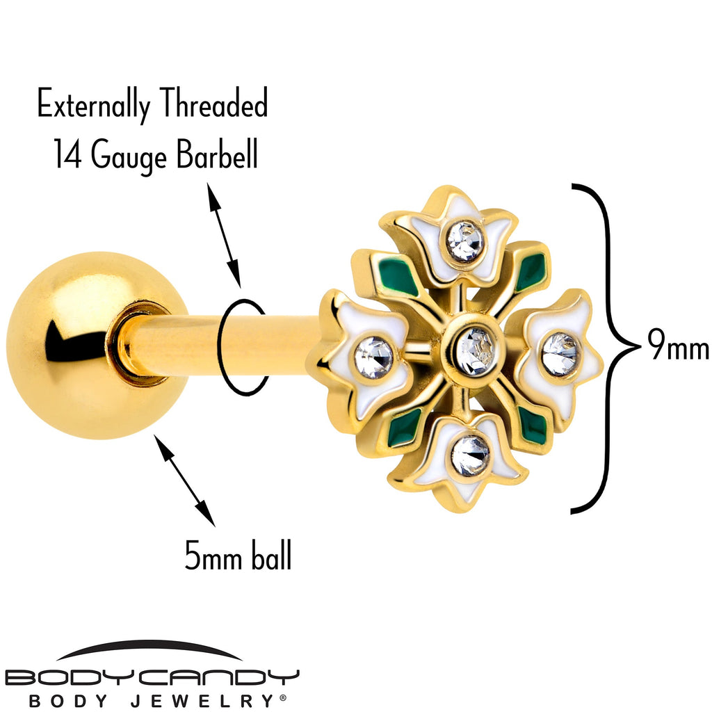 Clear Gem Gold Tone Flower Wreath Barbell Tongue Ring