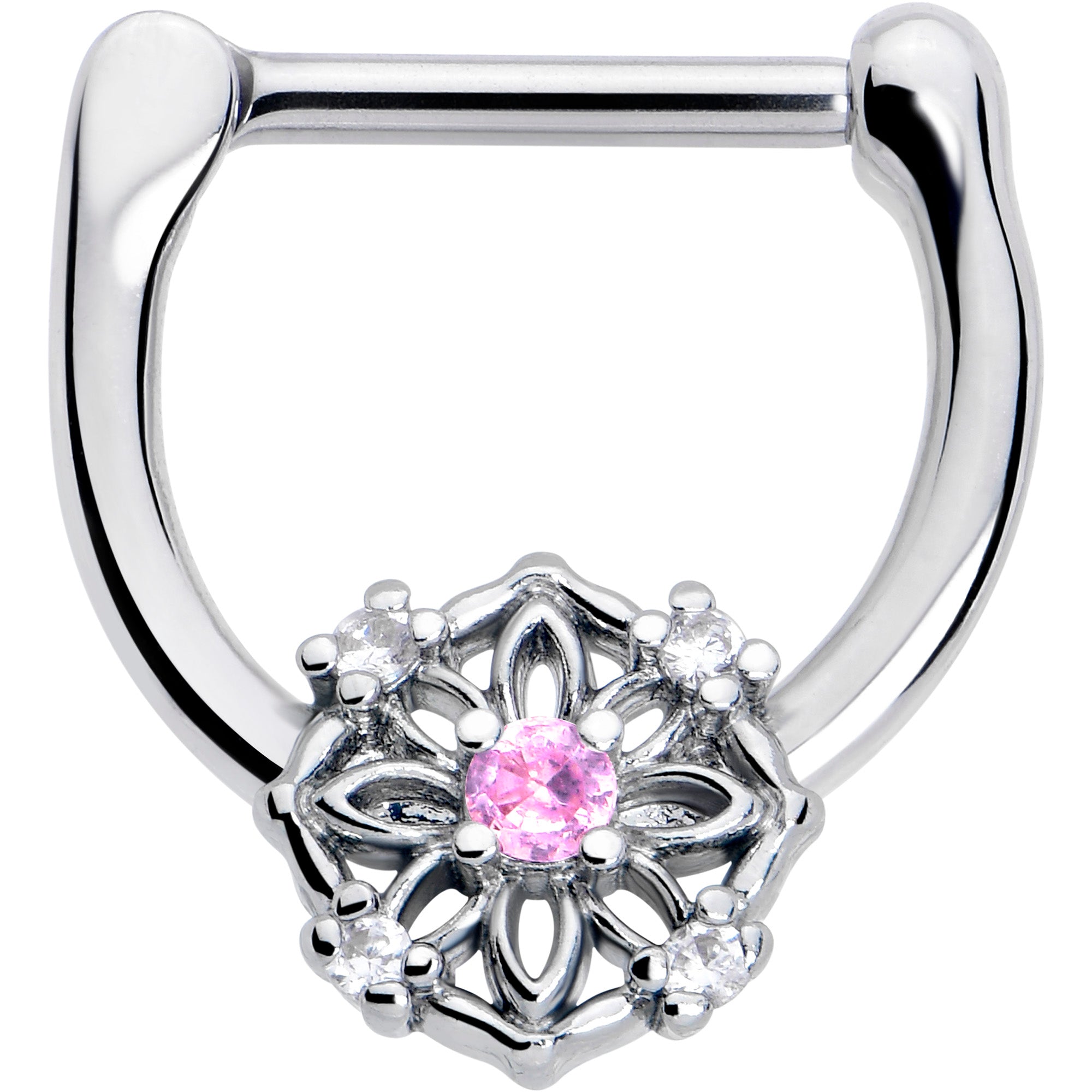 16G 5/16 Pink Clear CZ Gem Flower Circle Cartilage Clicker