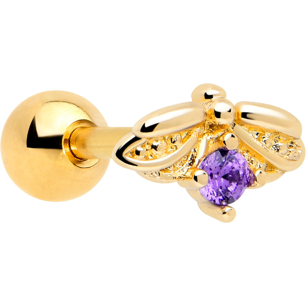 16G 1/4 Purple Gem Gold Tone Beauty Bug Cartilage Tragus Earring
