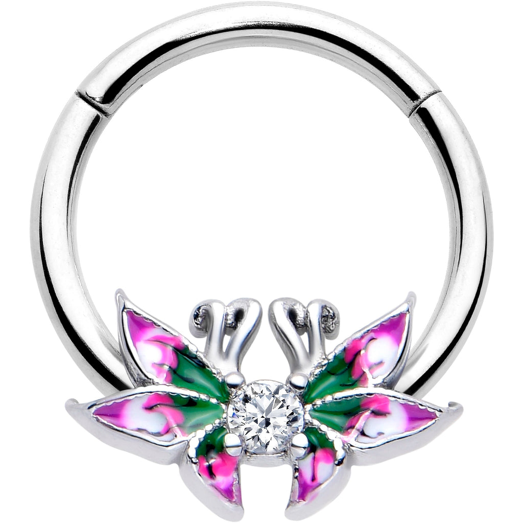 16G 3/8 Clear CZ Gem Profile Butterflies Hinged Segment Ring