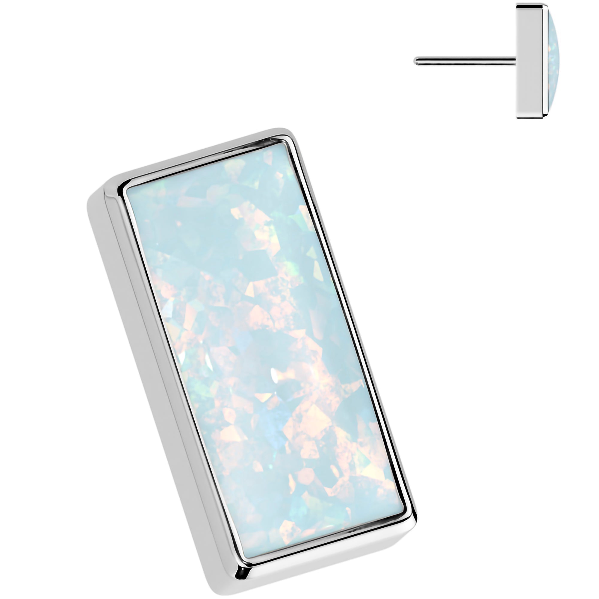 White Synthetic Opal ASTM F-136 Bar Flat Back Earring Push In Top