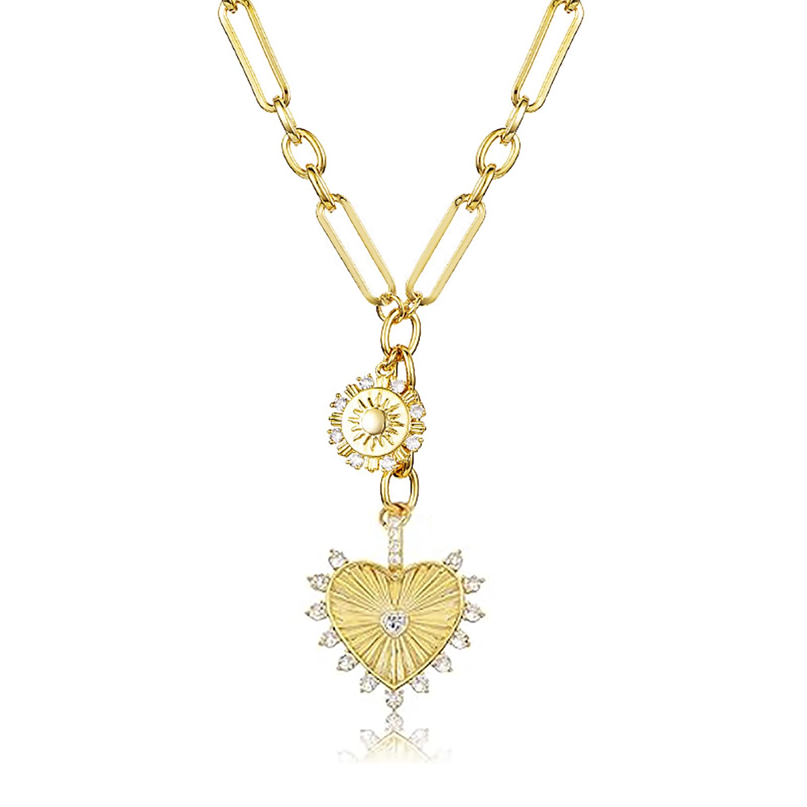 Zissunbeam Chunky Charm 18k Gold Plated Choker Necklace for WomenSun Heart Evil Eye Pendant Paperclip Chain NecklacePopular Summer Statement Vintage Jewelry Boho Necklaces for Women