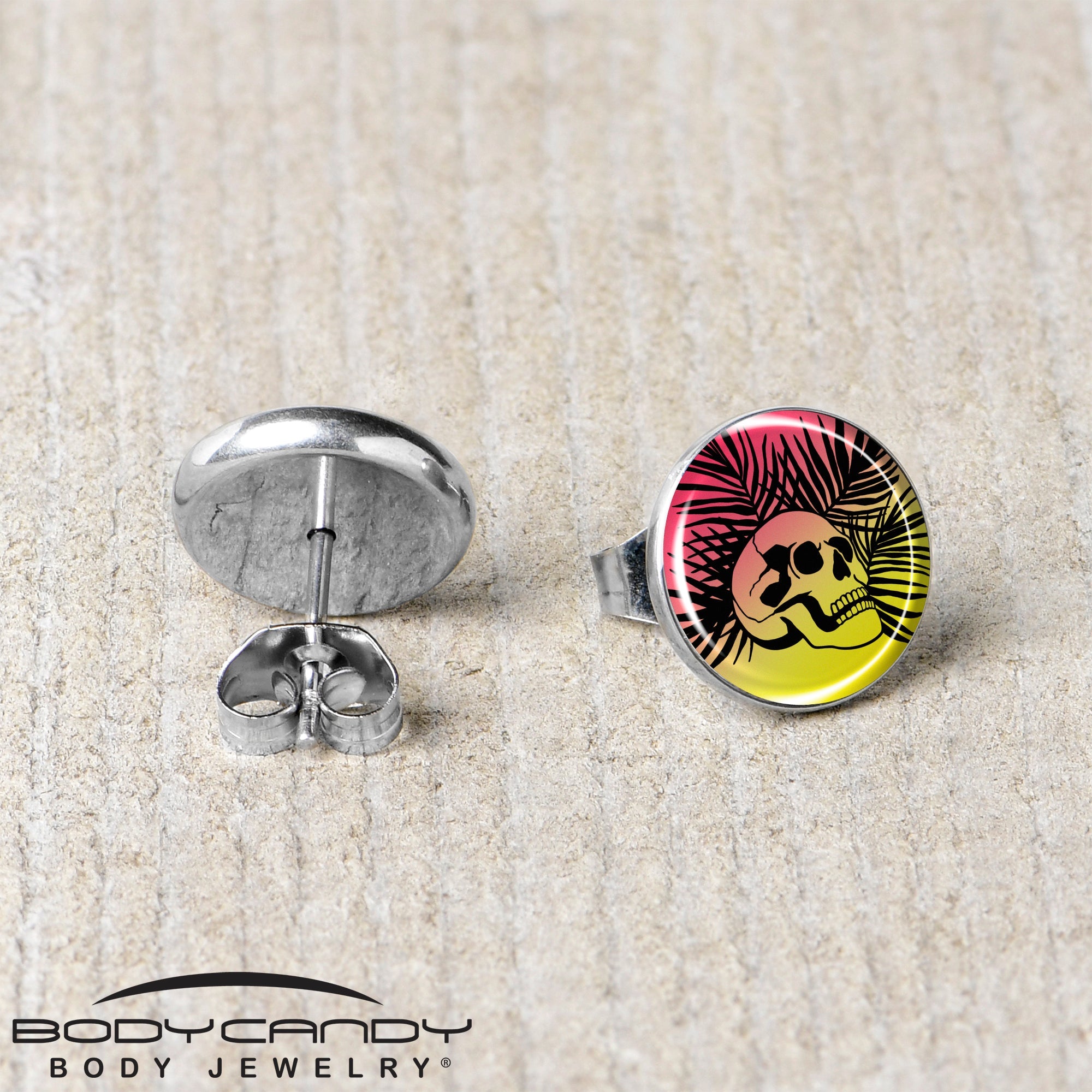 Red Haze Sunset Skull and Palms Stud Earrings by Onyx O