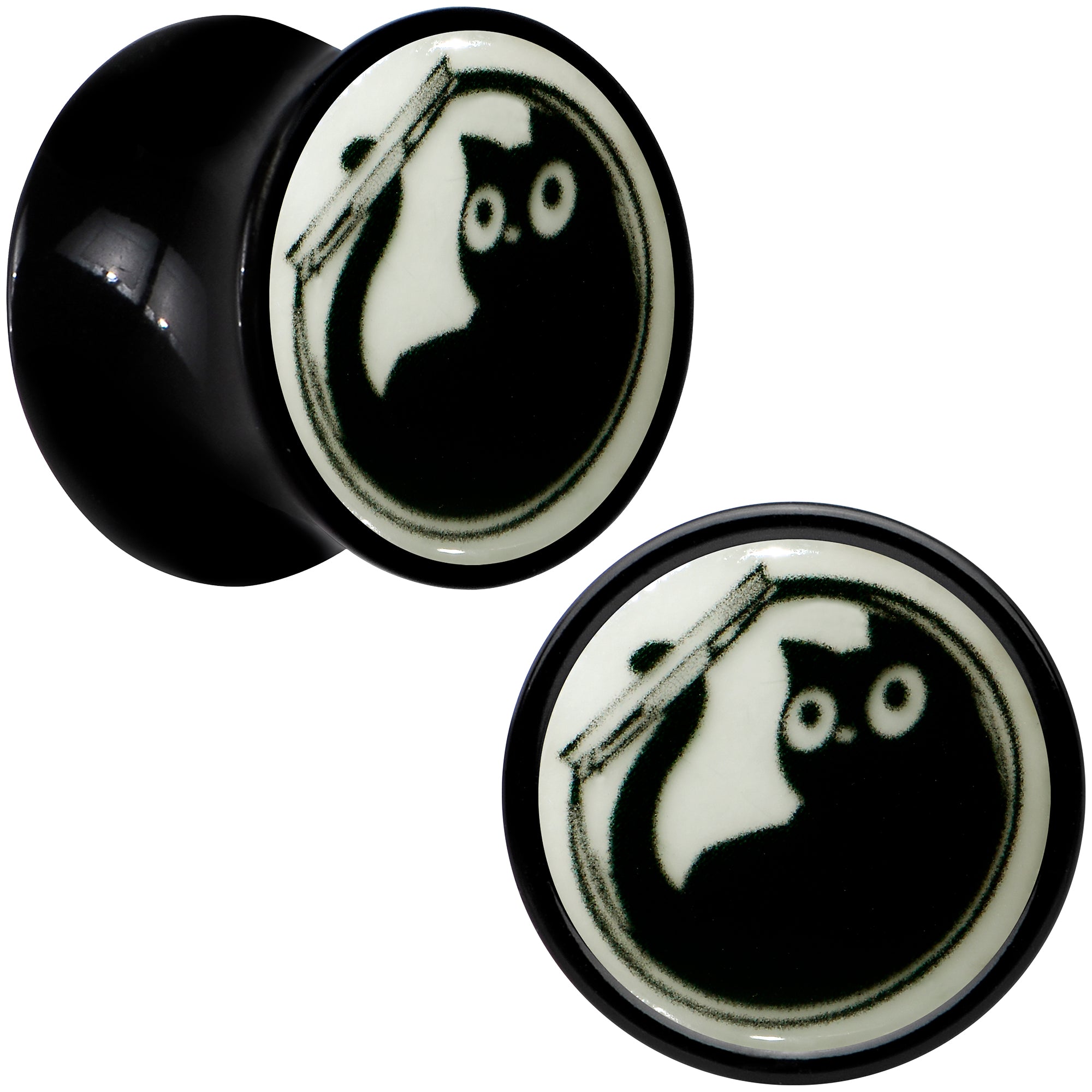 0G Glow in the Dark Fishbowl Kitty Cat Black Acrylic Saddle Plug Set by Onyx O