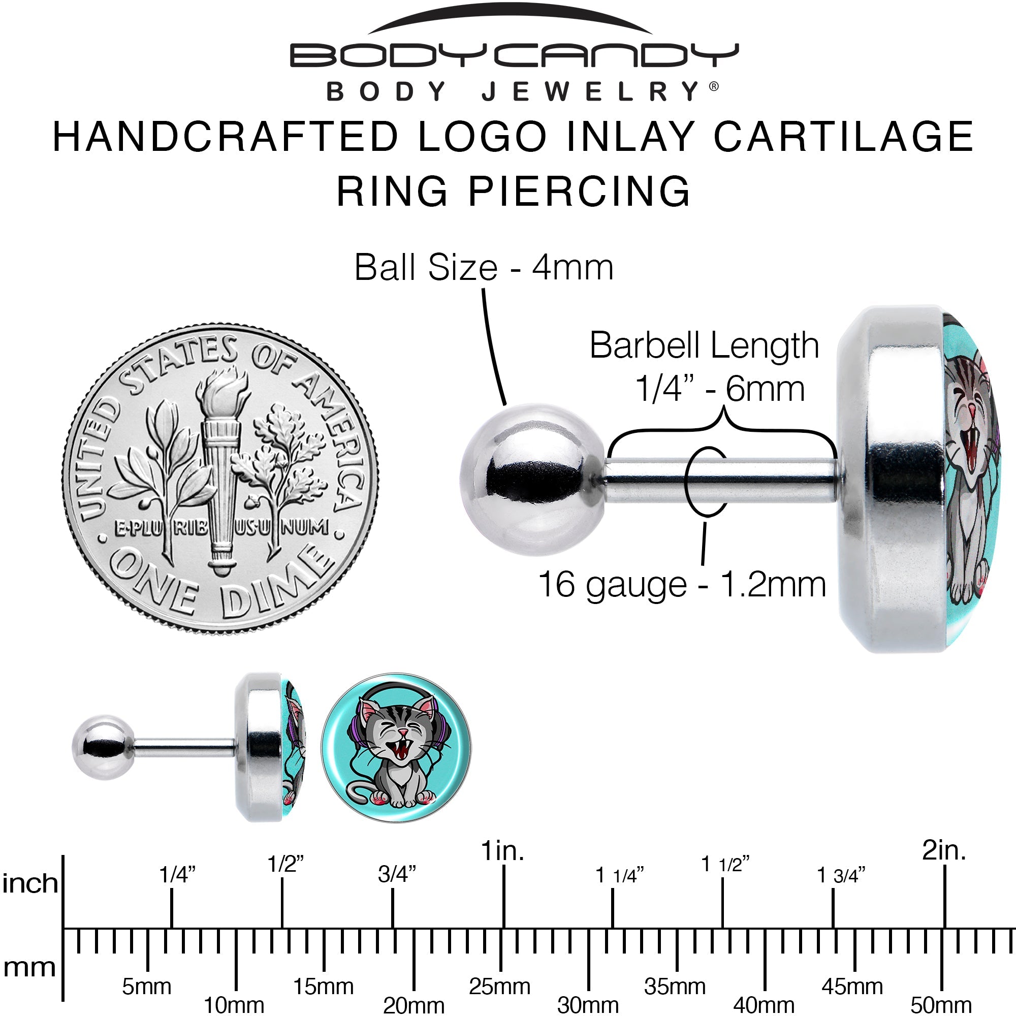 16G 1/4 Heavy Metal Kitty Cat Tragus Cartilage Earring by Onyx O