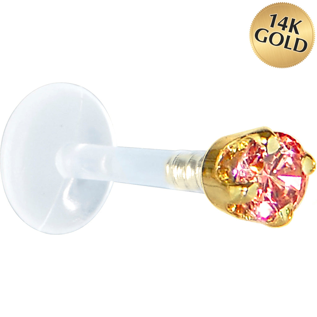 16G 5/16 Solid 14K Yellow Gold 3mm Salmon Cubic Zirconia Bioplast Tragus Earring Stud