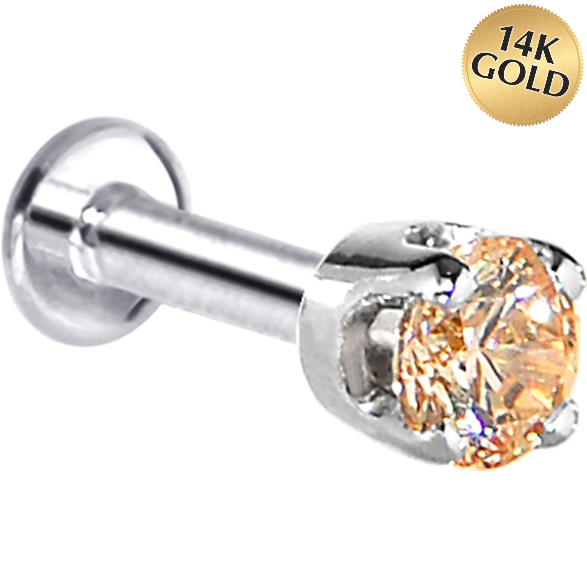 16G Solid 14K White Gold 3mm Champagne Cubic Zirconia Tragus Earring Stud