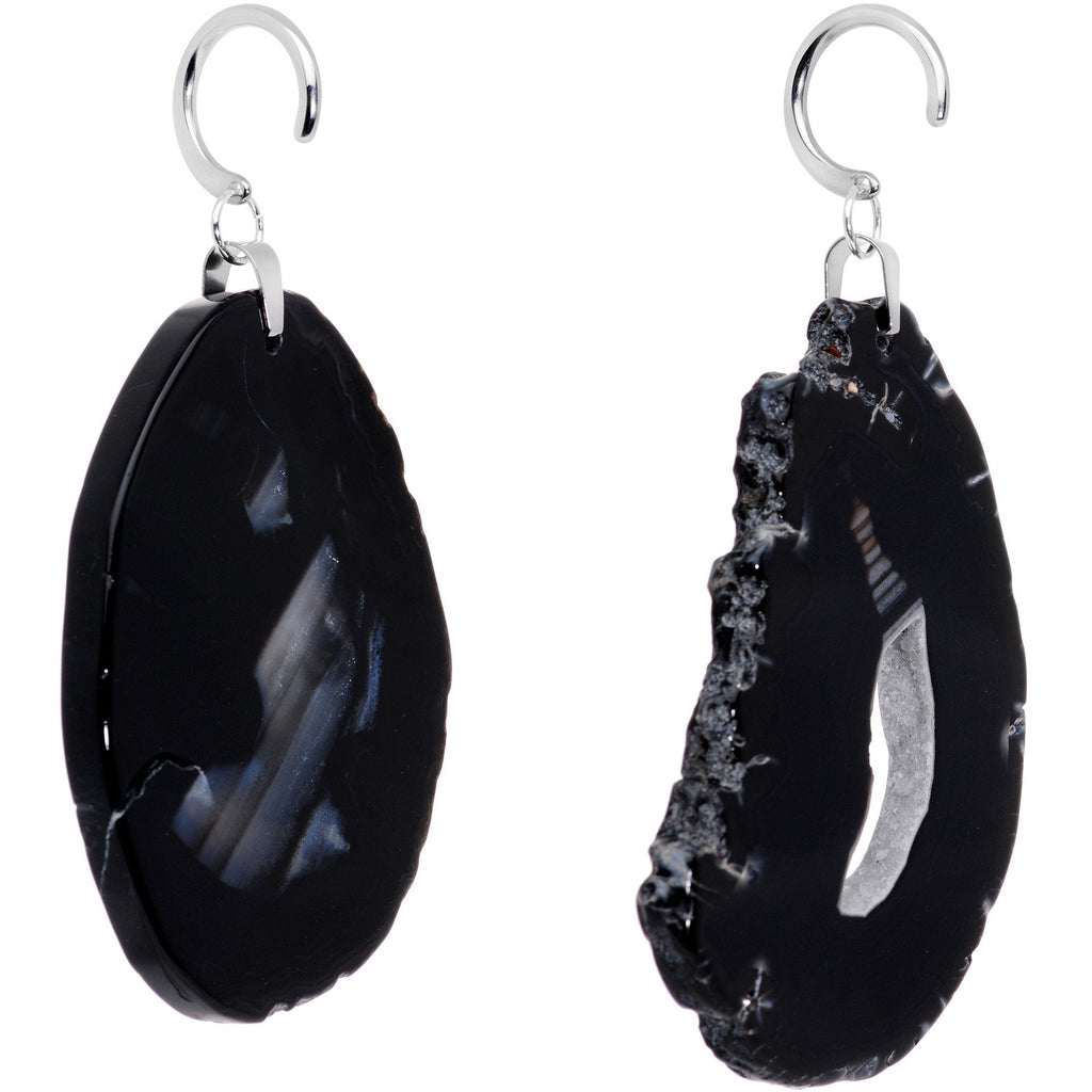 Handcrafted Steel Midnight Shadow Gap Natural Black Agate Ear Weights