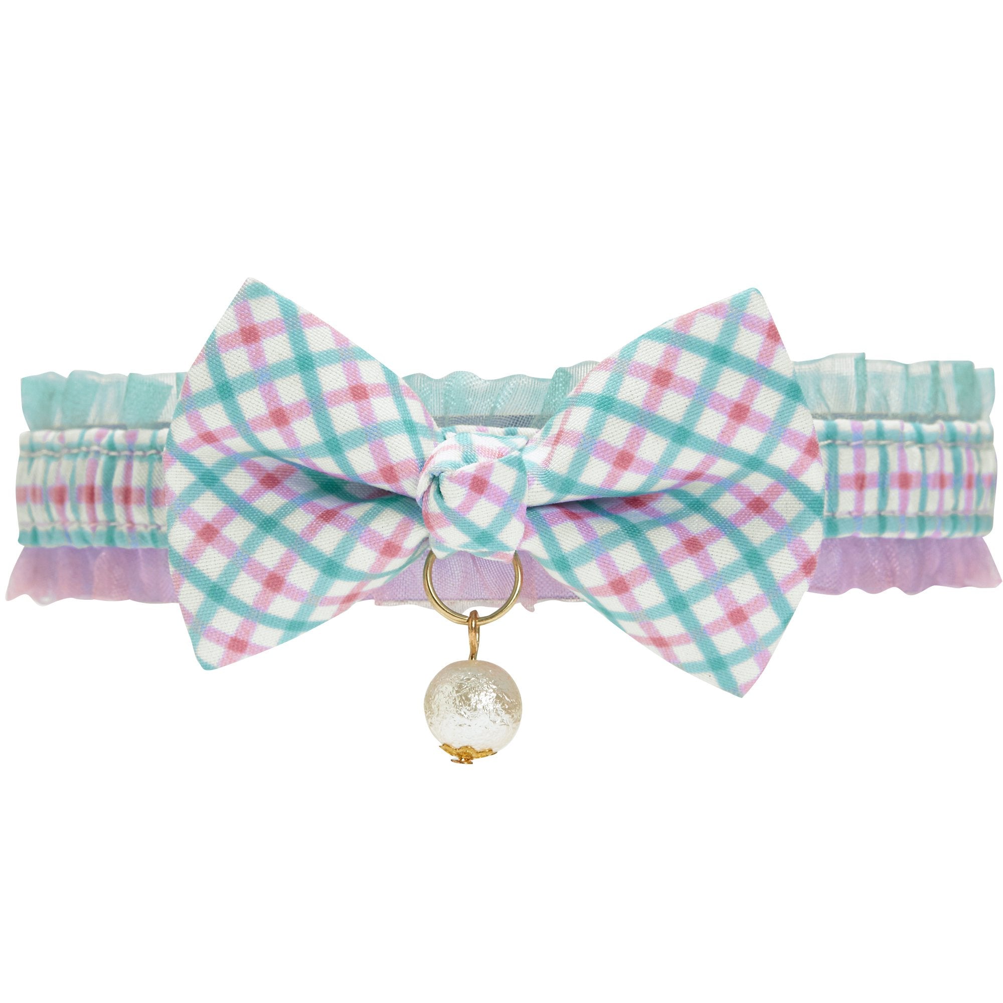 Blueberry Pet Green Plaid Breakaway Bowtie Cat Collar Lace Choker Necklace with Handmade Bow Tie and Pearl Charm Safety Elastic Stretch Collar for Cats Neck 8.5"-12"