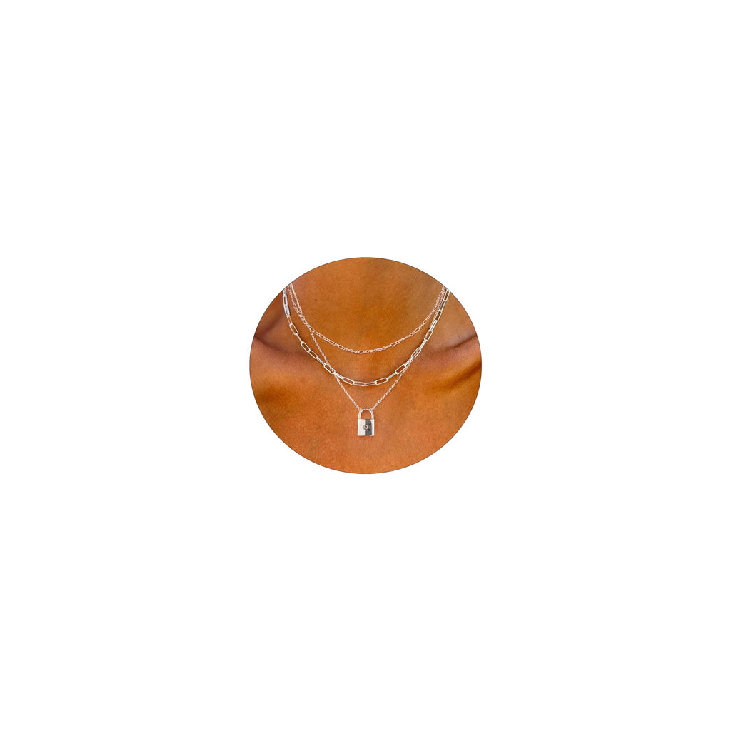 ASCOMY Layered Necklaces for Women Dainty Silver Necklaces 14K Silver Plated Pendant Necklaces Figaro Chain Choker Paperclip Necklace Lock Charm Silver Layered Necklaces Set Simple Necklaces for Women