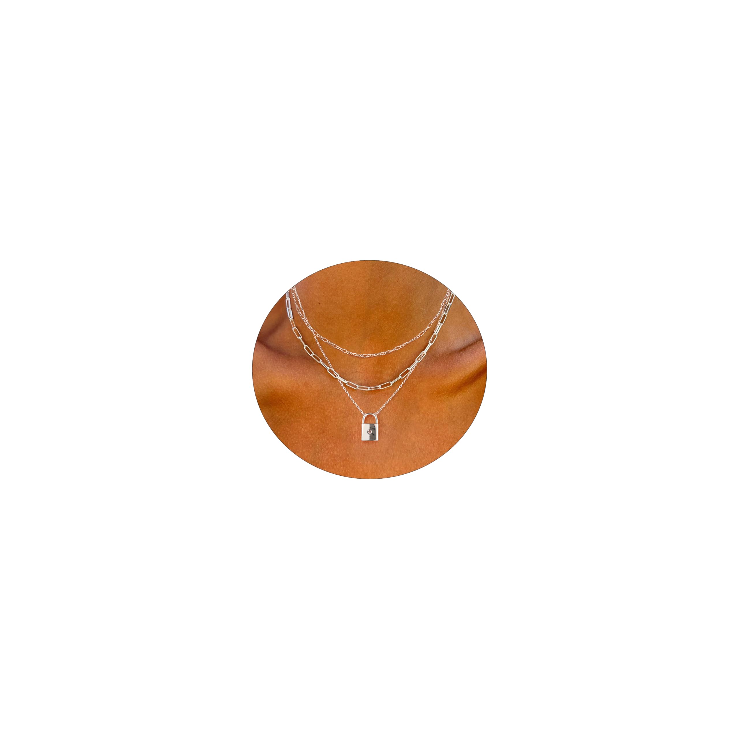 ASCOMY Layered Necklaces for Women Dainty Silver Necklaces 14K Silver Plated Pendant Necklaces Figaro Chain Choker Paperclip Necklace Lock Charm Silver Layered Necklaces Set Simple Necklaces for Women