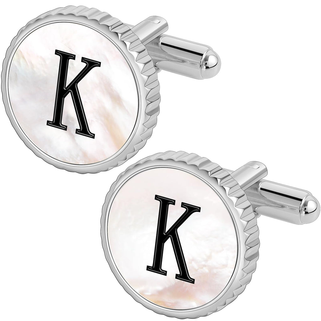TAIGRAMA Silver Cuff Links Mens Mother Of Pearl Cufflinks for Men Initial Personalized Cufflinks 26 Alphabet Silver Cuff Links for Anniversary Business Wedding