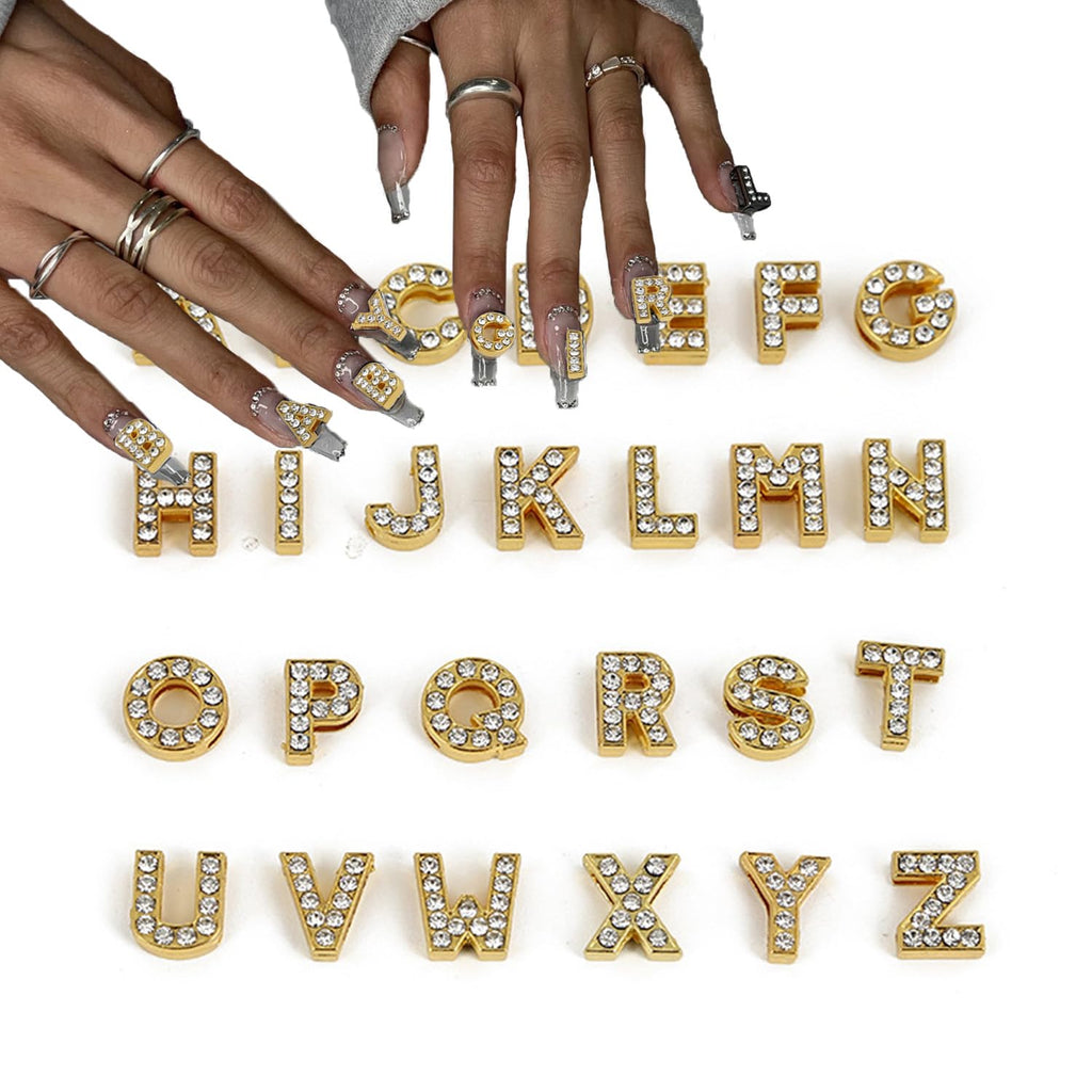 Letter Nail Charms Gold Alloy 26 Pcs 3D Glitter Letter Charms for Nails Crystals English Alphabet Diamonds Metal Gems Nail Rhinestones Shiny Nails Art Jewels Supplies for DIY Manicure Accessories