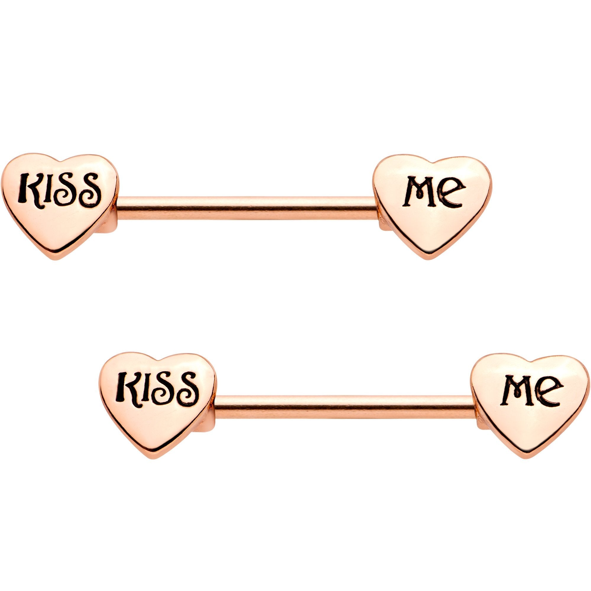 Rose Gold Tone Anodized Kiss Me Barbell Nipple Ring Set